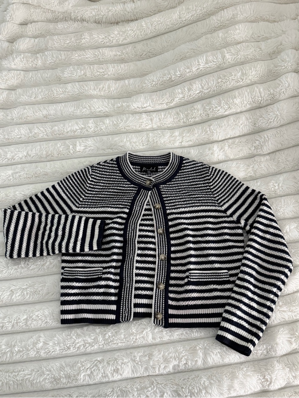 Marled Navy and White Striped Button-Front Cardigan